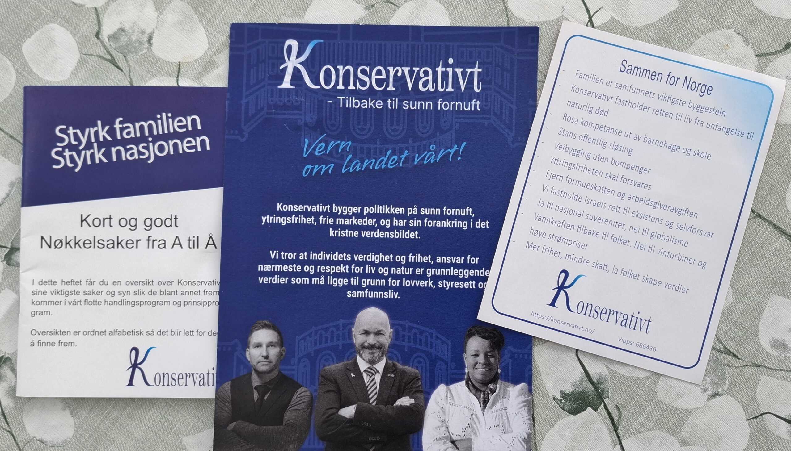 Selvstendig og tydelig bilde av konservative brosjyrer og kort som promoterer konservative verdier, med fokus på nasjonale og familieverdier, lagt ut på en blomsterdekket overflate.