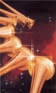 Golden horn trumpet close-up with sparkling star reflections, showcasing musical instruments and entertainment ambiance for photos and event decoration.