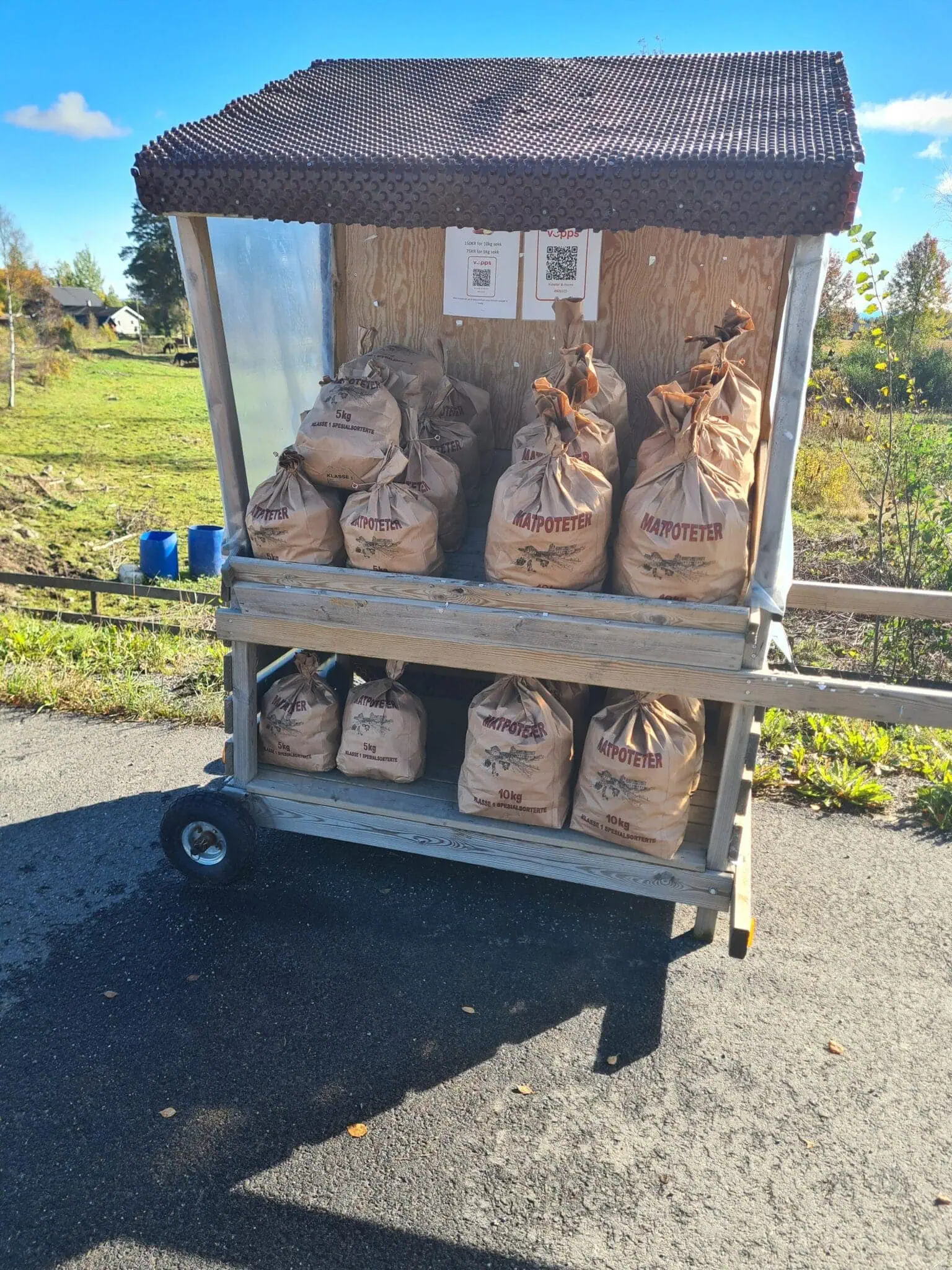 Betongutstyr på mobil fraktekasse til utendørs bruk, høstlig landskap, jord, gress og hus i bakgrunnen, tilpasset for utendørs byggeprosjekter, leveranse av betongmaterialer, mobil byggestasjon, Ta Fatt.