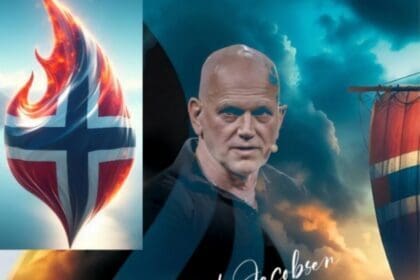 Nazjonalistisk plakat for Norgesdemokratene med norsk flagg og profilbilde av Gjør Ugland Jacobsen, symboler på nasjonalisme og politisk kamp.