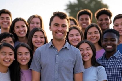 Mangfoldig gruppe av unge voksne smiler og står sammen utendørs, symbol på fellesskap og samarbeid, med en solnedgang i bakgrunnen. Dette bildet representerer ungdomsengasjement, mangfold og positiv energi, ideelt for sosiale og utdanningsrelaterte formål. Fokus på ungdom, fellesskap og mangfold gjør det perfekt for ulike markedsførings- og kampanjeformål innenfor utdanning, ungdomsorganisasjoner og samfunnsengasjement.