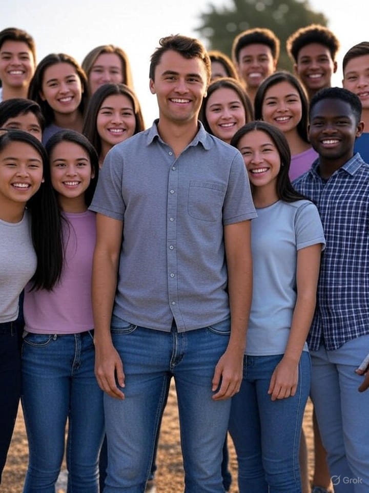 Mangfoldig gruppe av unge voksne smiler og står sammen utendørs, symbol på fellesskap og samarbeid, med en solnedgang i bakgrunnen. Dette bildet representerer ungdomsengasjement, mangfold og positiv energi, ideelt for sosiale og utdanningsrelaterte formål. Fokus på ungdom, fellesskap og mangfold gjør det perfekt for ulike markedsførings- og kampanjeformål innenfor utdanning, ungdomsorganisasjoner og samfunnsengasjement.