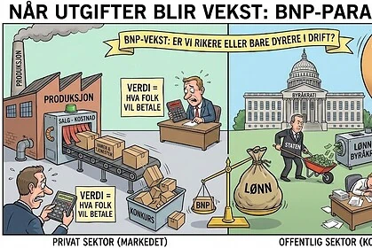 BNP-paradokset illustrasjon som viser forskjellen mellom privat og offentlig sektor økonomi, med fokus på BNP, skattepolitikk, arbeidsmarked og kostnader i Norge. Visuell sammenligning av produksjon, verdibytte og budsjettprosesser.