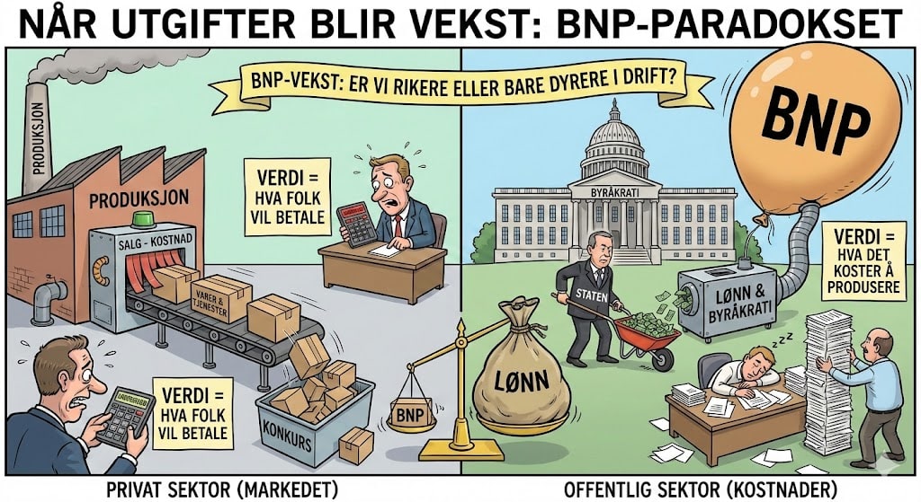BNP-paradokset illustrasjon som viser forskjellen mellom privat og offentlig sektor økonomi, med fokus på BNP, skattepolitikk, arbeidsmarked og kostnader i Norge. Visuell sammenligning av produksjon, verdibytte og budsjettprosesser.
