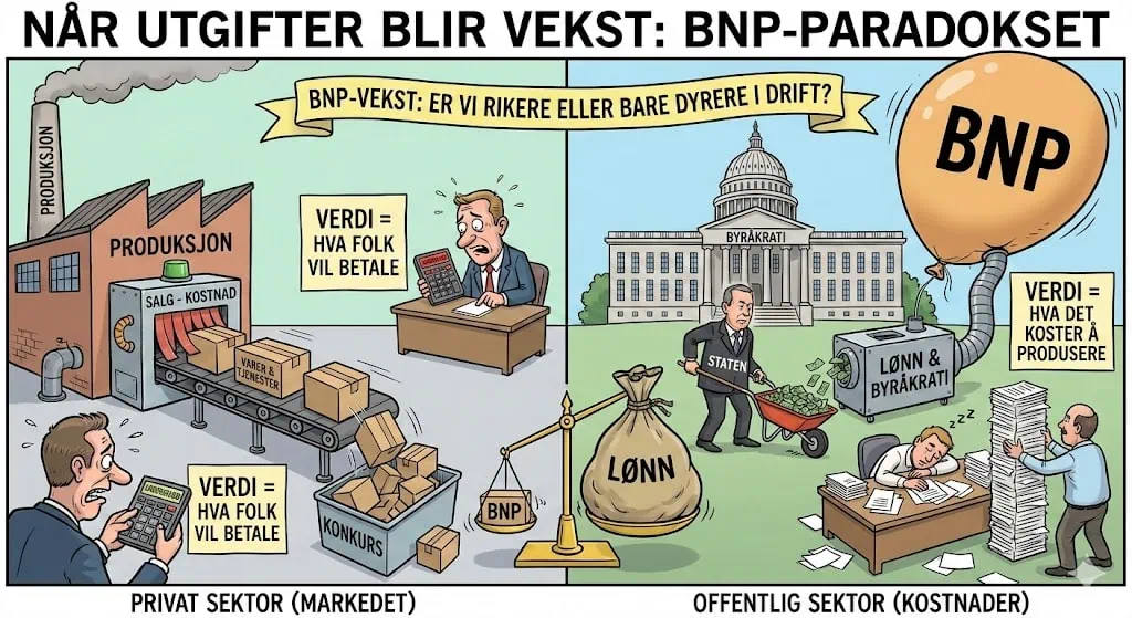 BNP-paradokset illustrasjon som viser forskjellen mellom privat og offentlig sektor økonomi, med fokus på BNP, skattepolitikk, arbeidsmarked og kostnader i Norge. Visuell sammenligning av produksjon, verdibytte og budsjettprosesser.
