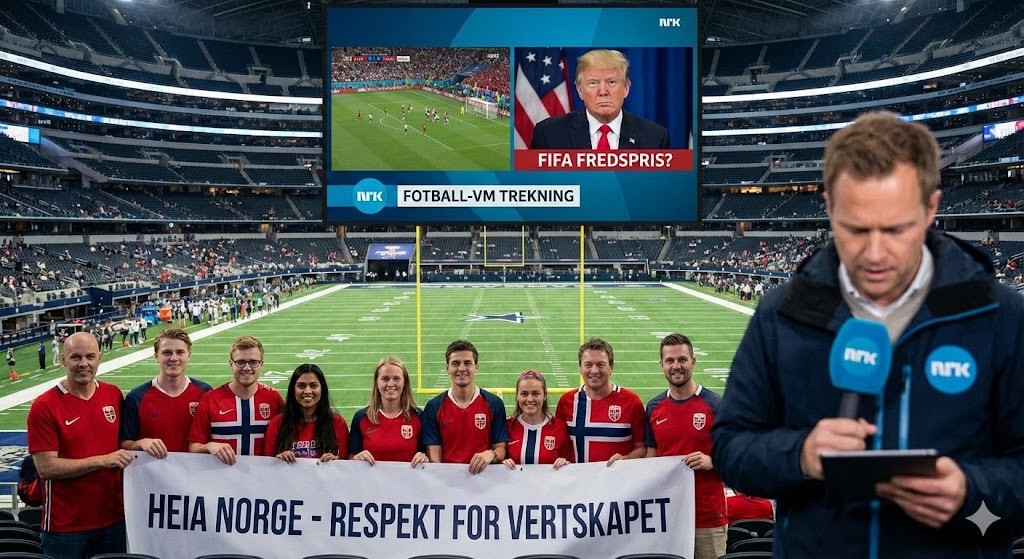 FIFA fotball-VM Norway, sportspersoner iført Norgesdrakt på stadium, nyheter om fotball, landshold, fotballreportasje og stadion i Norge, med NRK mediafokus.