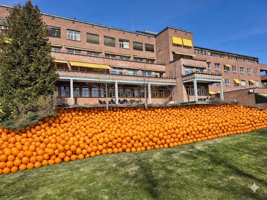 Eksteriør av Sykehuset i Bærum dekket av en stor mengde oransje appelsiner, som en del av en kunstinstallasjon eller dekorasjon, under en klar blå himmel.