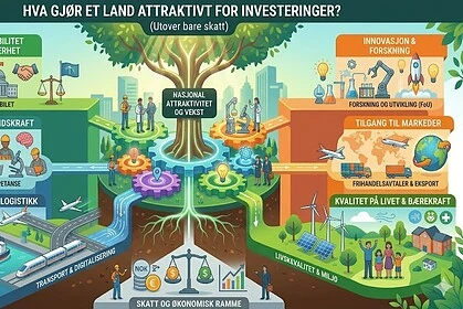 Illustrasjon av hvordan skattepolitikk påvirker landets økonomi, med fokus på politikk, innovasjon, infrastruktur, utdanning, miljø og markedsadgang, under temaet "Hva gjør et land attraktivt for inve.