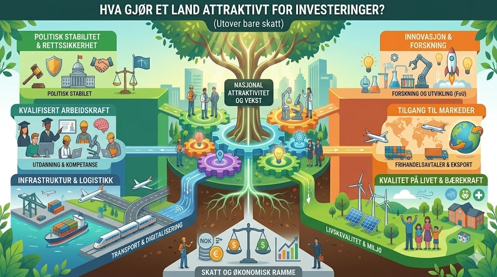 Illustrasjon av hvordan skattepolitikk påvirker landets økonomi, med fokus på politikk, innovasjon, infrastruktur, utdanning, miljø og markedsadgang, under temaet "Hva gjør et land attraktivt for inve.