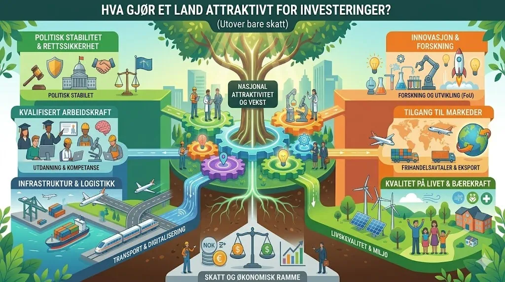 Illustrasjon av hvordan skattepolitikk påvirker landets økonomi, med fokus på politikk, innovasjon, infrastruktur, utdanning, miljø og markedsadgang, under temaet "Hva gjør et land attraktivt for inve.