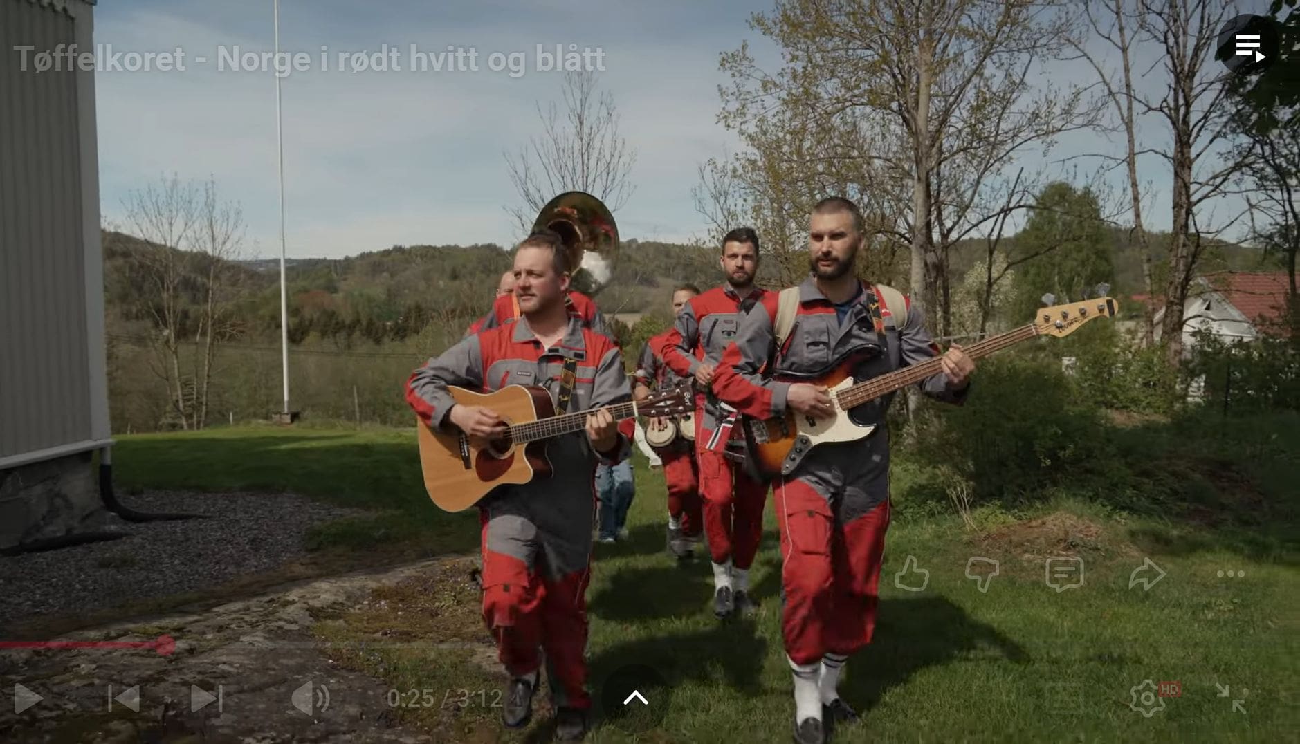 Taffat band spiller gitar og bass utendørs i grønt landskap med trær og åpen himmel, under en klar dag, i en scene som fremmer norsk folkemusikk og utendørs konserter.